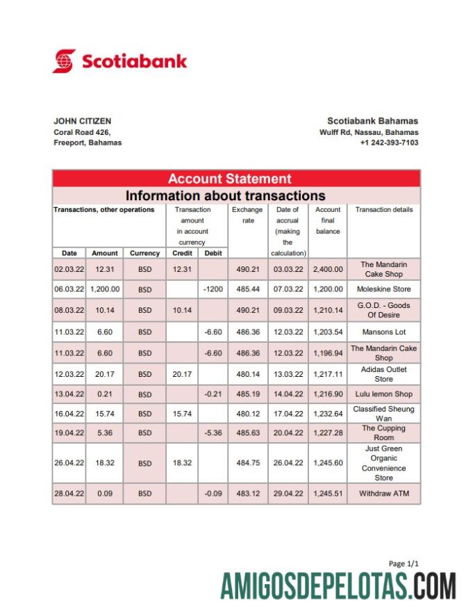 Bahamas Scotiabank Bank Statement Xls amostra